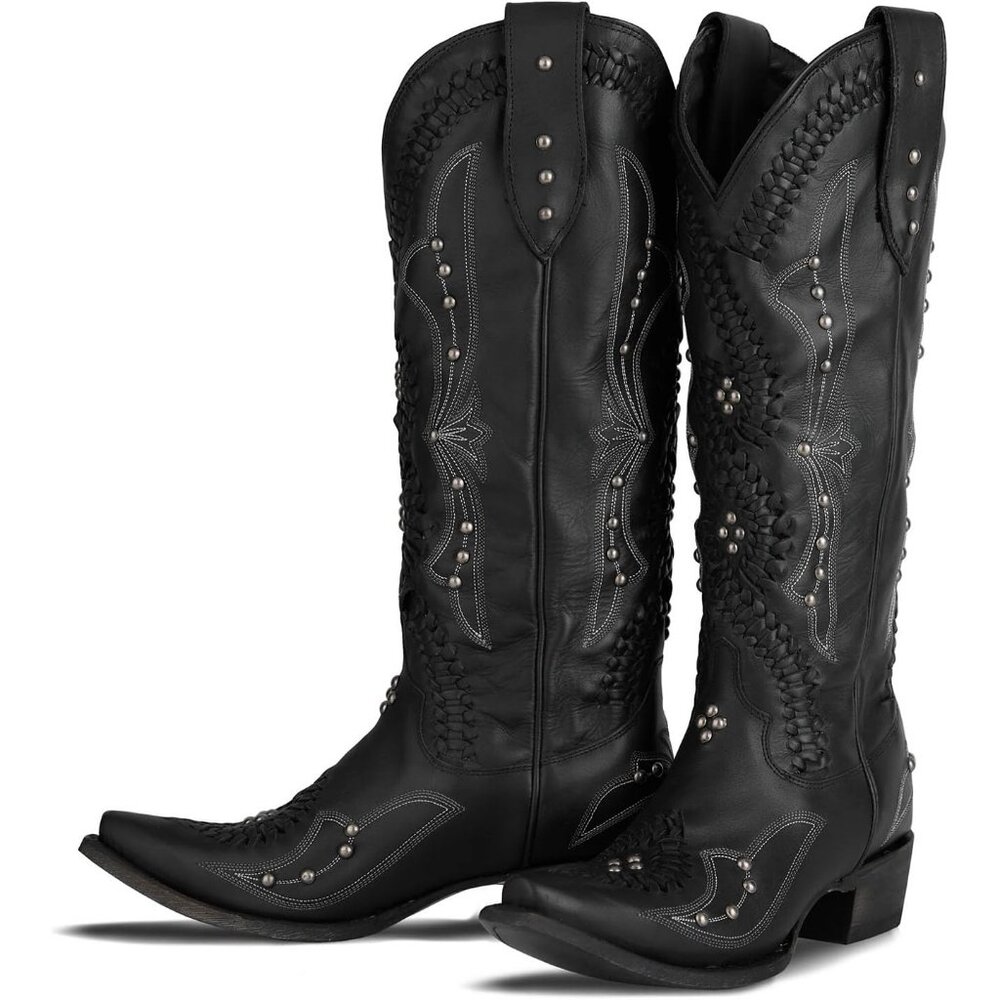 Women's Black Knee High Western Cowgirl Boots Pointed Toe Chunky Heel Pull on